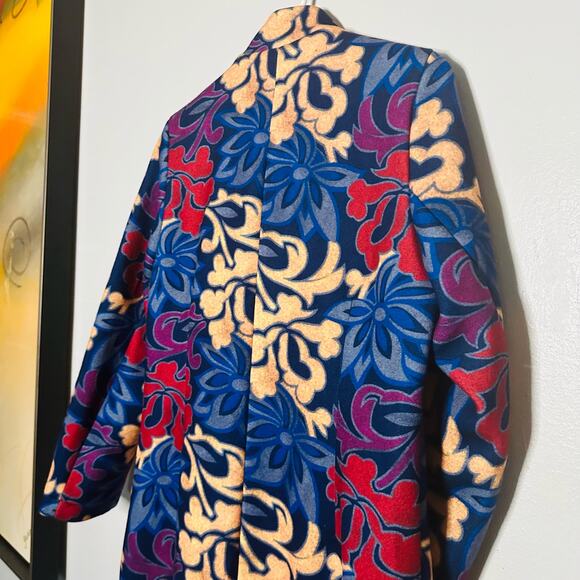 Vintage YaZhuang Floral Blue Tan Red Front Pocket Blazer Long Jacket Size Large - Picture 9 of 14